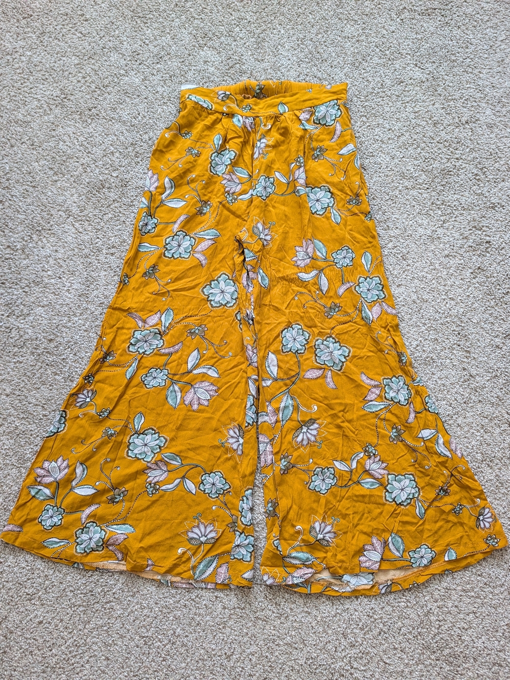 JAASE Womens Mustard Yellow White Floral Palazzo Boho Wide Leg Pants Size Small